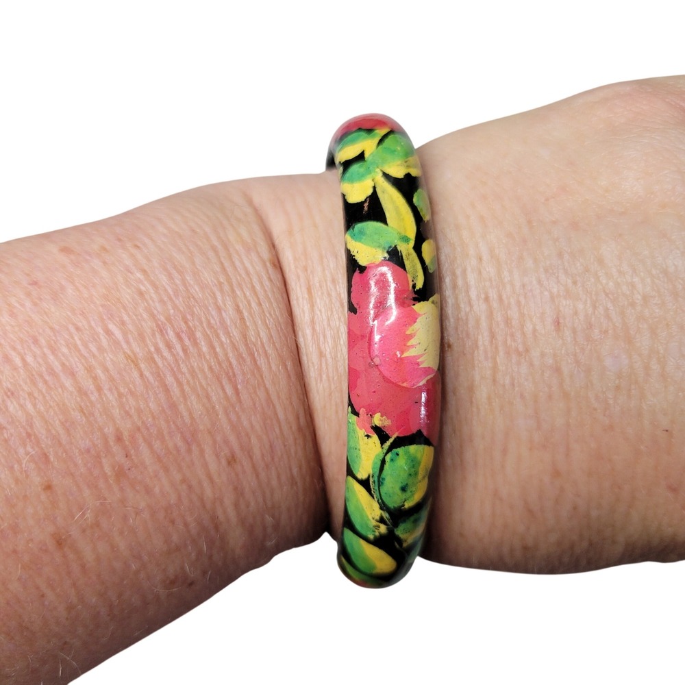 Vintage Hand Painted Floral Wood Bangle Bracelet Black Red Yellow Green Folk Art